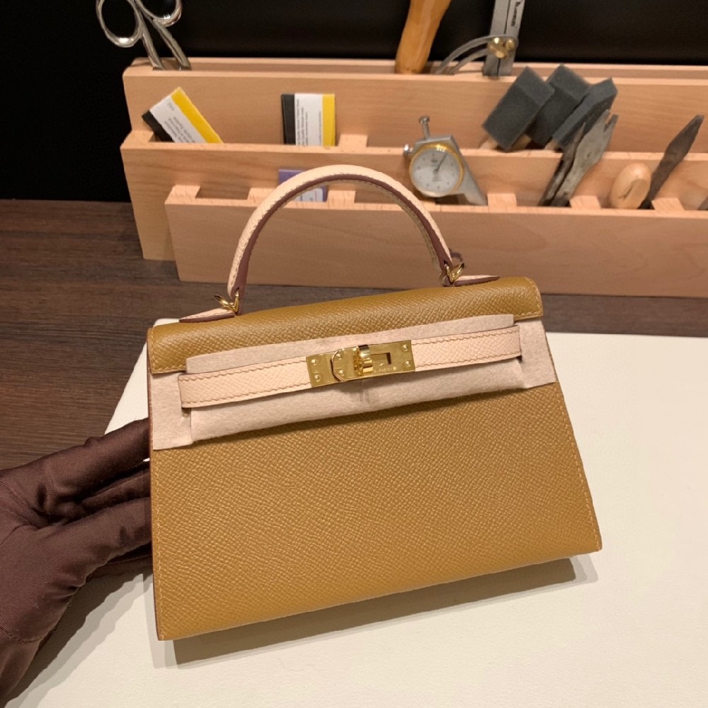 新拼色现货 ❤️mini kelly epsom 青铜色拼蔷薇粉 金扣