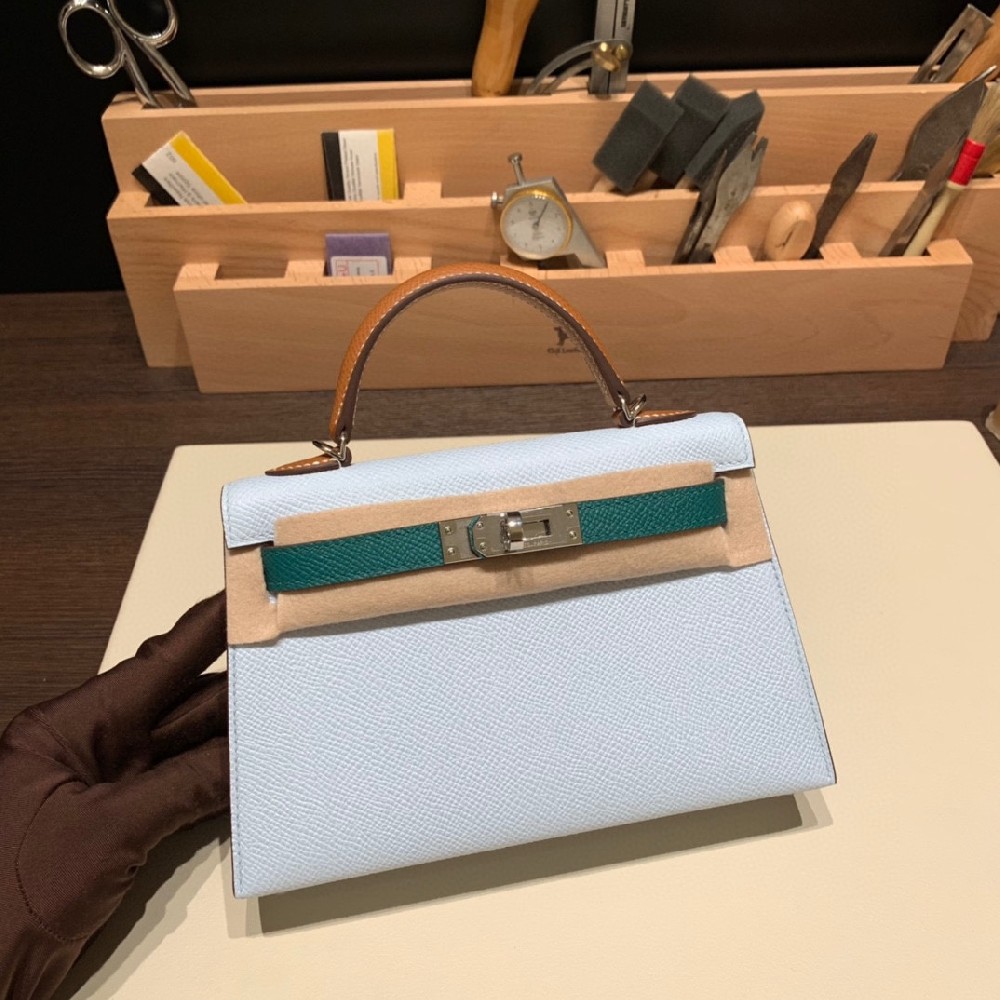新拼色现货 ❤️mini kelly epsom 雾霾蓝拼帝王绿拼金棕 银扣
