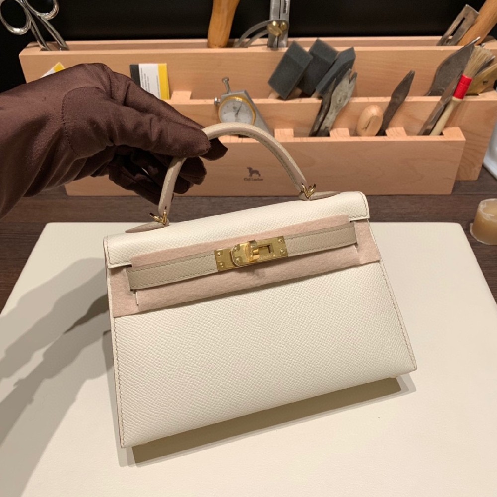 新拼色现货 ❤️mini kelly epsom 奶昔白拼风衣灰 金扣