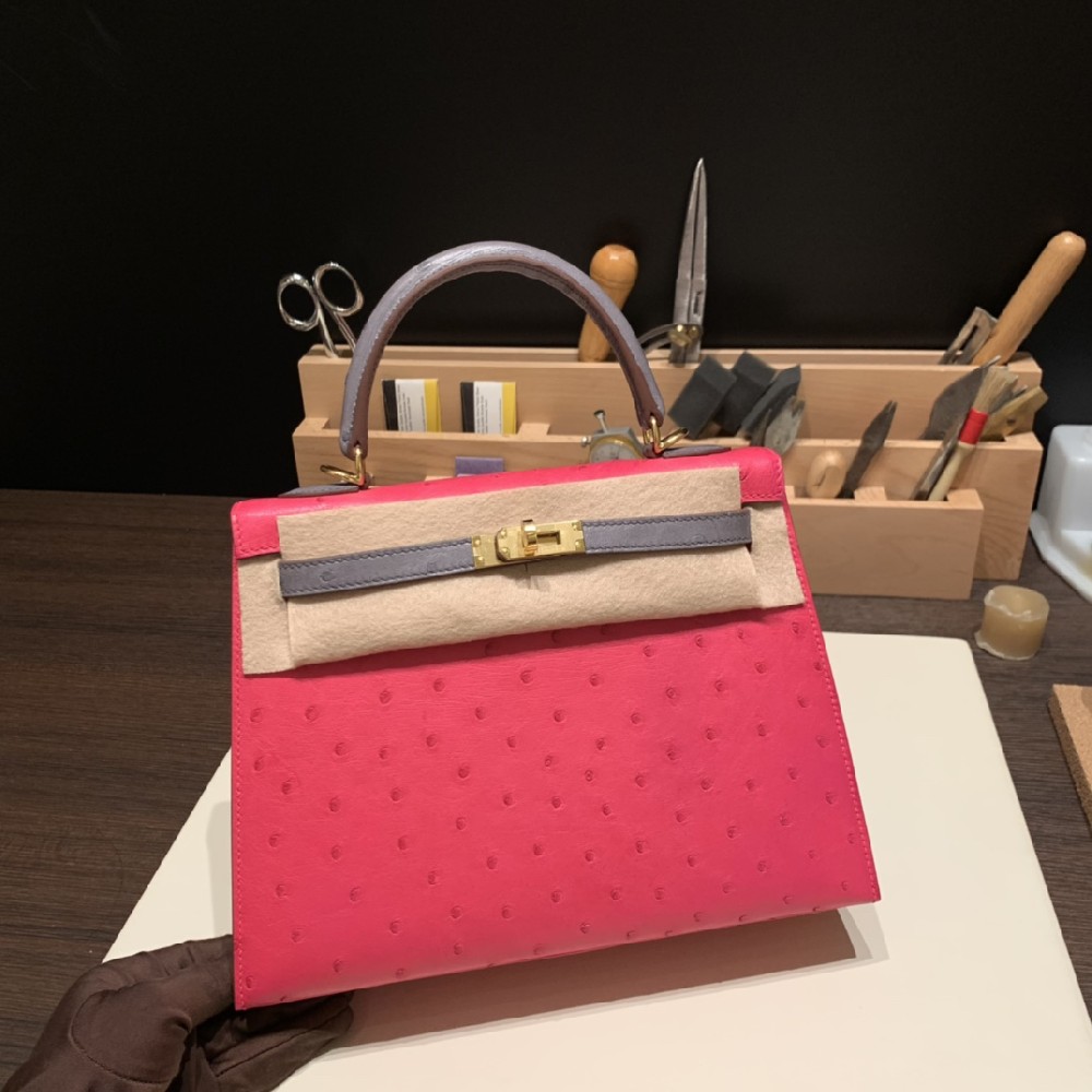 25cm Kelly 鸵鸟拼色 玫红拼玛瑙灰 金扣