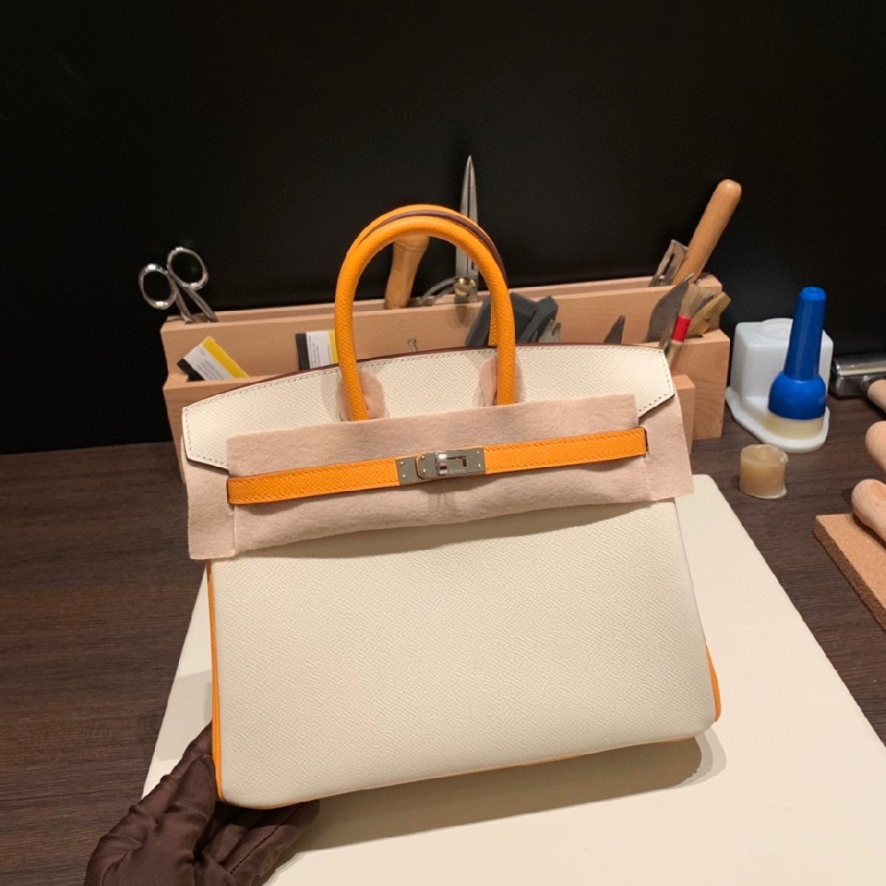 现货❤️25cm birkin epsom 奶昔白拼太阳黄 银扣