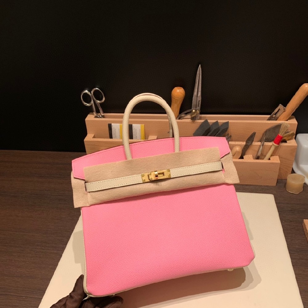 25cm Birkin epsom 5P樱花粉拼10奶昔白 金扣