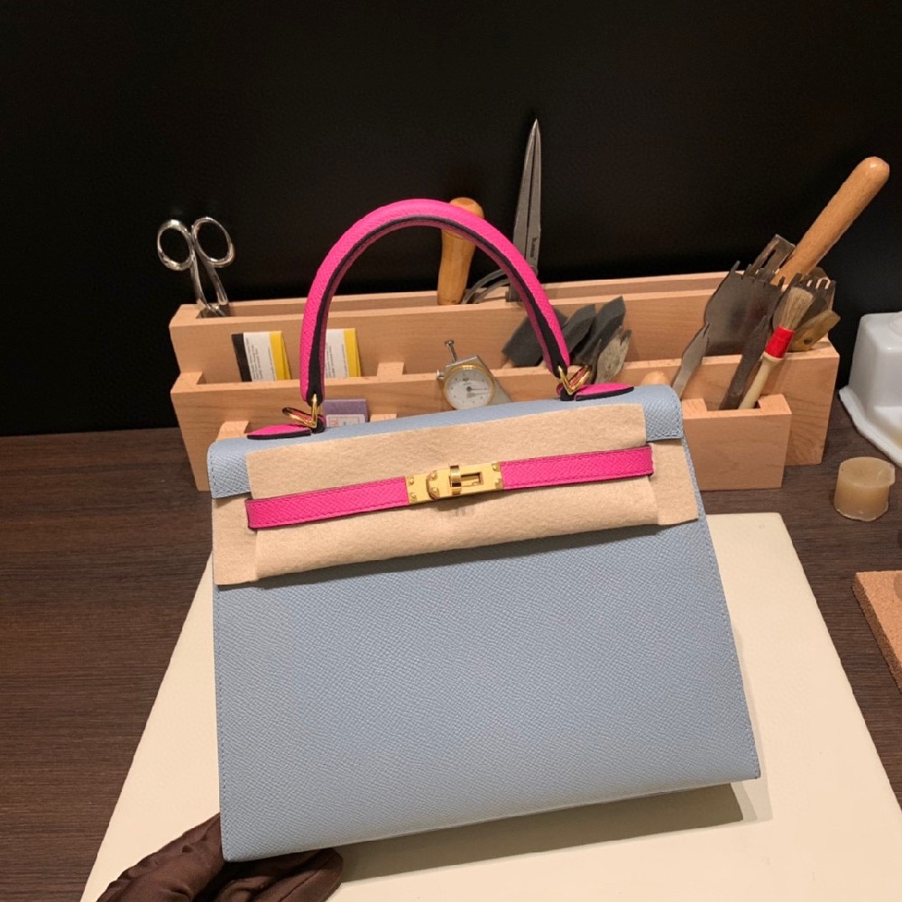 special order ✨撞色效果 惊喜且惊艳25cm Kelly 亚麻蓝拼玉兰紫 金扣