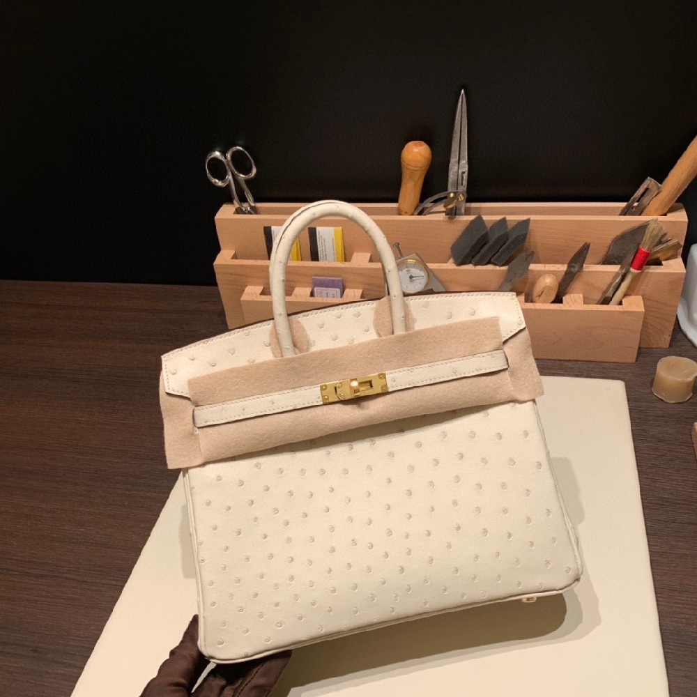 😘25cm Birkin 鸵鸟 柔软 皮平 透气性好 经久耐磨🌈 羊毛白 金扣